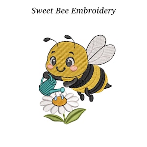 May include: A cartoon bee in yellow and black stripes, watering a white daisy with a yellow centre. The bee is smiling and the image is labelled "Sweet Bee Embroidery" in black text.