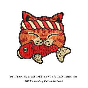 May include: Embroidered patch featuring a stylized orange cat with a red and white headband, holding a red fish. The design includes black outlines and details. Text at the bottom reads "PDF Embroidery Pattern Included".