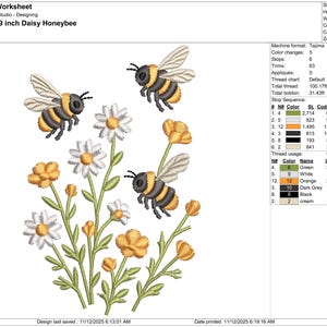 May include: An embroidered design featuring three bees with yellow and black stripes, hovering near white daisies and orange flowers. The design is 2.5 x 3.9 inches in size, with green stems and leaves.