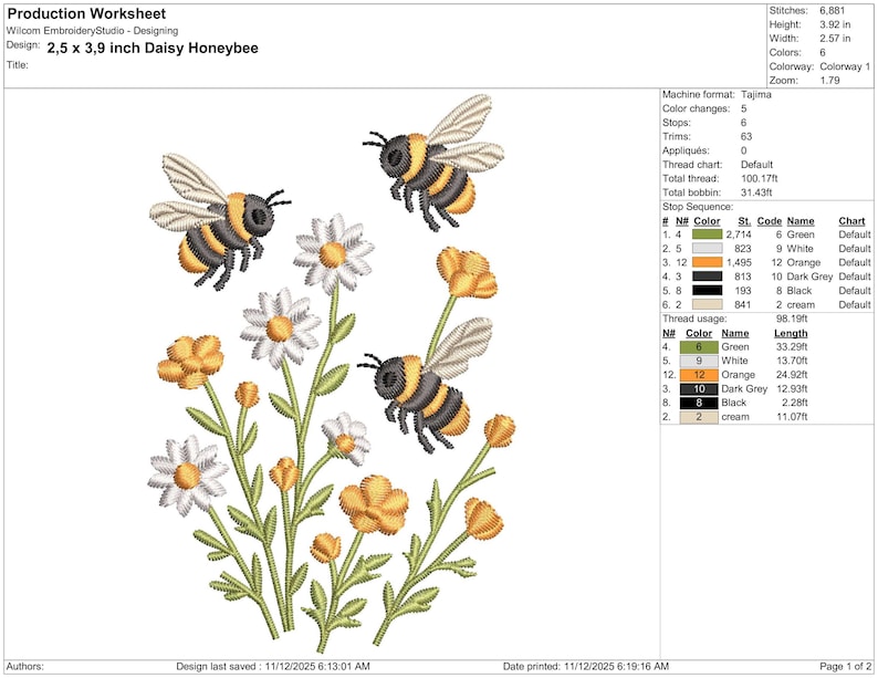May include: An embroidered design featuring three bees with yellow and black stripes, hovering near white daisies and orange flowers. The design is 2.5 x 3.9 inches in size, with green stems and leaves.