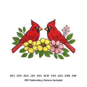May include: Embroidered design featuring two red cardinal birds facing each other, perched above yellow and pink flowers with green leaves. The design includes the text "PDF Embroidery Pattern Included".
