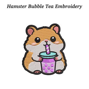 May include: Embroidered patch featuring a cartoon hamster holding a bubble tea. The hamster is brown, white, and pink with large black eyes. The bubble tea cup is purple and teal, with a pink straw. Text above reads "Hamster Bubble Tea Embroidery."