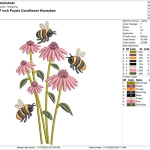 K&ouml;nnte beinhalten: Ein Stickmuster mit einer lila Sonnenhutblume und Honigbienen. Das Design umfasst rosa Bl&uuml;ten, gr&uuml;ne Stiele und Bienen mit gelben und schwarzen Streifen. Der Text "2,1 x 3,7 Zoll Purple Coneflower Honeybee" ist sichtbar.