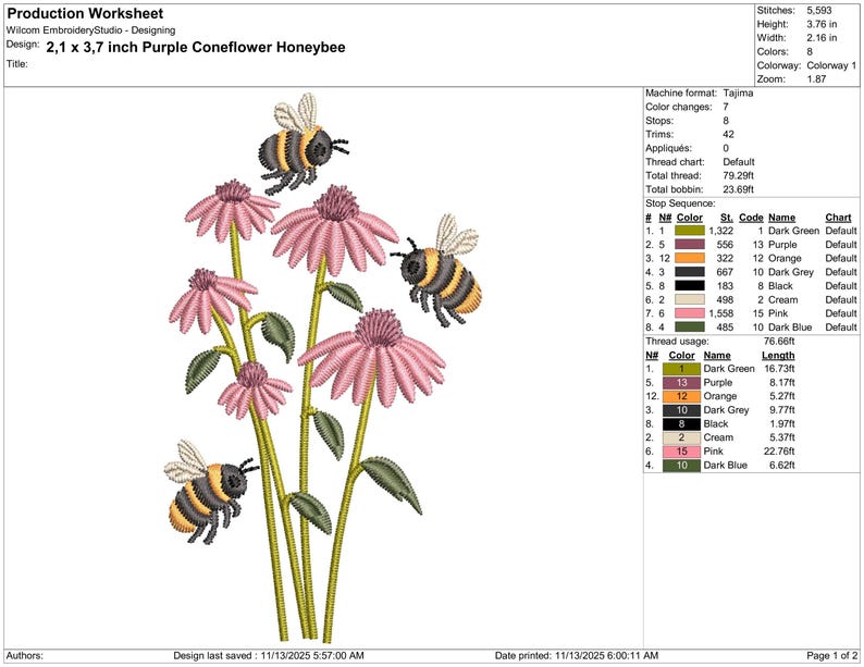 K&ouml;nnte beinhalten: Ein Stickmuster mit einer lila Sonnenhutblume und Honigbienen. Das Design umfasst rosa Bl&uuml;ten, gr&uuml;ne Stiele und Bienen mit gelben und schwarzen Streifen. Der Text "2,1 x 3,7 Zoll Purple Coneflower Honeybee" ist sichtbar.