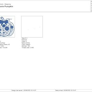May include: A digital embroidery design titled "Chinoiserie Pumpkin." The design features a pumpkin shape with floral and leaf patterns in China Blue. The design is 3.94 inches high and 4.01 inches wide.