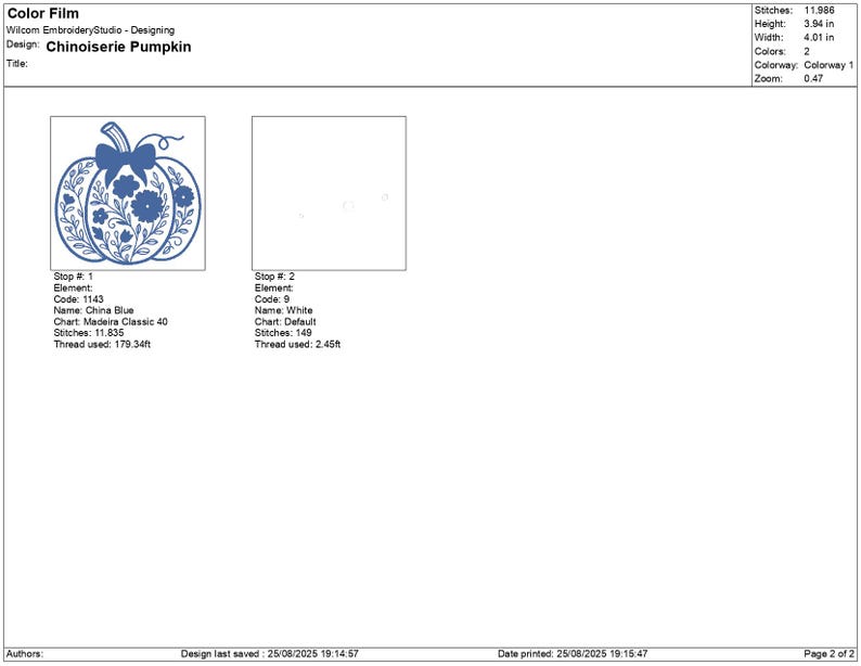 May include: A digital embroidery design titled "Chinoiserie Pumpkin." The design features a pumpkin shape with floral and leaf patterns in China Blue. The design is 3.94 inches high and 4.01 inches wide.