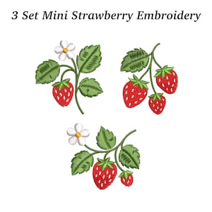Peut inclure: Trois ensembles de broderies de mini fraises. Chaque ensemble présente des fraises rouges avec des feuilles et des tiges vertes, et des fleurs blanches. Le texte "3 Set Mini Strawberry Embroidery" est en haut de l'image.