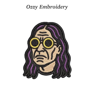May include: Embroidered patch featuring a stylized portrait with long, purple-streaked hair and round, gold-rimmed glasses. The face is tan with black outlines. The text "Ozzy Embroidery" is above the portrait.