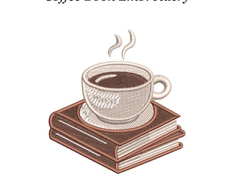 Coffee Book Embroidery Design – Earth Tone Mug on Books, EMB Included – Instant Download