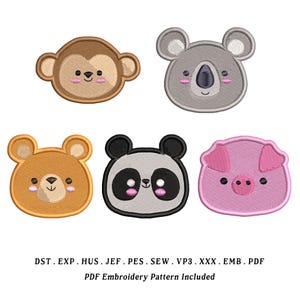 May include: A collection of five embroidered animal face designs: a monkey, koala, bear, panda, and pig. Each design features soft colors and a cute, cartoonish style. The text at the bottom indicates the pattern includes PDF files.