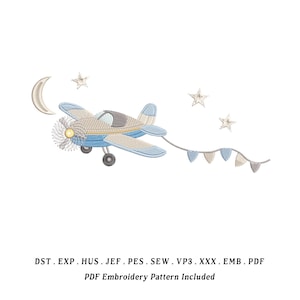 May include: An embroidered design of a blue and tan airplane with a propeller, pulling a banner of small flags. A crescent moon and stars are also included in the design. The text at the bottom reads: PDF Embroidery Pattern Included.