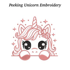 May include: Pink embroidered unicorn design with the text "Peeking Unicorn Embroidery". The unicorn has large black eyes, a horn, and a floral bow. The design includes stars and is on a white background.
