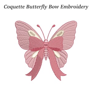 May include: An embroidered design of a butterfly with a bow, in shades of pink and cream, against a white background. The text "Coquette Butterfly Bow Embroidery" is at the top. The butterfly's wings have a textured pattern.