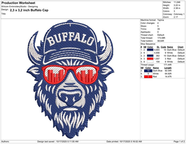 May include: Embroidered design of a buffalo wearing a blue cap and red sunglasses. The word "BUFFALO" is embroidered on the cap. The design is 2.3 x 3.2 inches.