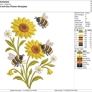 K&ouml;nnte beinhalten: Detailliertes Stickdesign mit Sonnenblumen, G&auml;nsebl&uuml;mchen und Honigbienen. Das Design misst 6,6 x 9,7 cm. Die Farbpalette umfasst Gelb, Wei&szlig;, Gr&uuml;n, Braun, Orange, Grau, Schwarz und Creme.