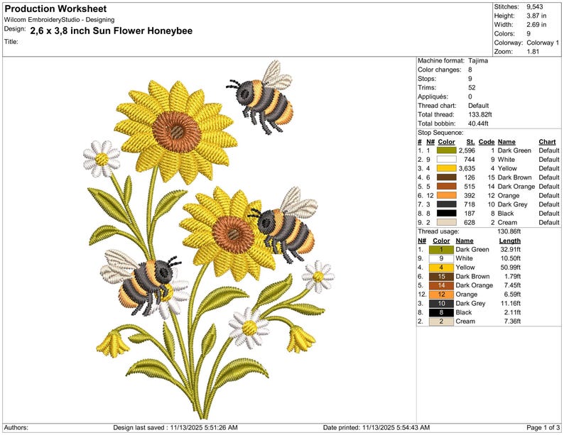 K&ouml;nnte beinhalten: Detailliertes Stickdesign mit Sonnenblumen, G&auml;nsebl&uuml;mchen und Honigbienen. Das Design misst 6,6 x 9,7 cm. Die Farbpalette umfasst Gelb, Wei&szlig;, Gr&uuml;n, Braun, Orange, Grau, Schwarz und Creme.