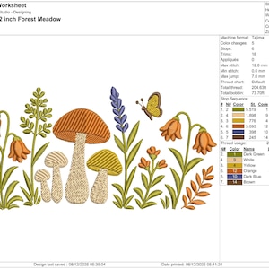 May include: An embroidery design depicting a forest meadow. The design includes orange bell-shaped flowers, various mushrooms, and a butterfly. The design is 17.0 cm wide and 8.1 cm high.