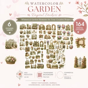 Peut inclure: Une collection de 164 autocollants numériques de jardin à l'aquarelle sur 6 feuilles, illustrant des serres, des compositions florales, des outils de jardinage, des bancs et des portails. Le texte indique WATERCOLOR GARDEN Digital Stickers.