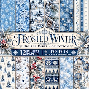 Peut inclure: Une collection de papiers numériques intitulée Frosted Winter comprenant 12 feuilles de 30,48 par 30,48 cm. Les motifs incluent des flocons de neige, des paysages d'hiver, des sapins, des baies, des cerfs et des boules de Noël.