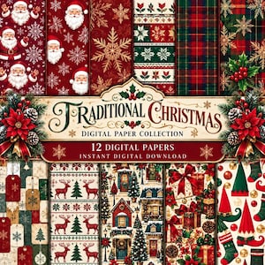 Peut inclure: Une collection de papiers numériques intitulée Traditional Christmas comprenant 12 motifs avec le Père Noël, des flocons, du tartan, des rennes, des maisons, des cadeaux et des chaussettes en rouge, vert et or avec du houx.