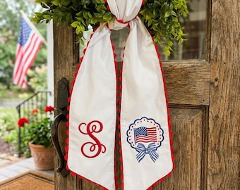 Personalized Monogram Seersucker Sash, American Flag Wreath Bow, Red White Blue Door Decor