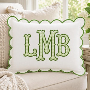 Personalized Monogram Pillow Cover, Scalloped Embroidered Cushion, Custom Initial Pillow Case, Grandmillennial Decor, Gingham Applique