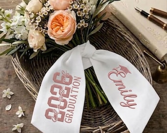Personalized Graduation Bouquet Sash 2026, Custom Embroidered Flower Wrap with Name, Shadow Letter Grad Ribbon, Senior 2026 Gift for Her