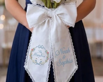 Personalized Wedding Bouquet Sash, Embroidered Swan Bouquet Sash, Custom Name Bridal Accessory, For Happy Tears Keepsake