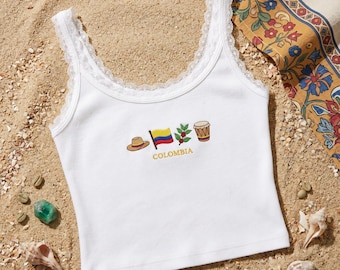 Colombia Flag Lace Trim Crop Cami, Y2K Spaghetti Strap Tank Top