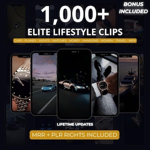 Op de afbeelding: Een advertentie met meerdere smartphones die afbeeldingen van een luxe levensstijl tonen. De tekst luidt "1.000+ ELITE LIFESTYLE CLIPS" met categorieën als auto's, horloges en reizen. Bonus inbegrepen, levenslange updates en MRR + PLR-rechten worden ook vermeld.