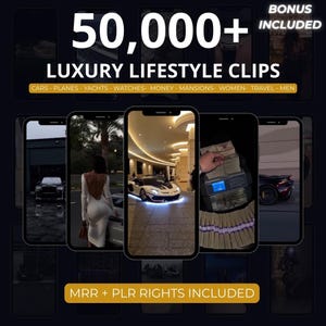 以下が含まれることがあります： 複数のスマートフォンで高級ライフスタイル画像を表示する広告。テキストは「50,000+ LUXURY LIFESTYLE CLIPS」で、車、飛行機、ヨット、お金などのキーワードが含まれています。ボーナスが含まれており、MRR + PLRの権利も含まれています。