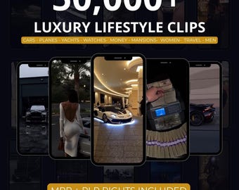 May include: An advertisement featuring multiple smartphones displaying luxury lifestyle images. The text reads "50,000+ LUXURY LIFESTYLE CLIPS" with keywords like cars, planes, yachts, and money. Bonus included and MRR + PLR rights are also included.