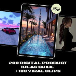 Op de afbeelding: Een tablet met een digitale productgids met afbeeldingen van een rode sportwagen, een luxe zwembad met skyline en een vrouw. De tablet heeft de tekst "DOWNLOAD NOW" en "200 DIGITAL PRODUCT IDEAS GUIDE + 100 VIRAL CLIPS".