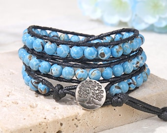 Boho Blue Imperial Jasper Wrap Bracelet, Stackable Multi Strand Beaded Bracelet, Unisex Handmade Jewelry, Birthday Holiday Crystal Gift