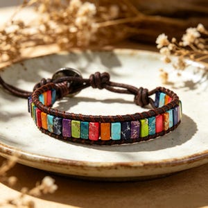 7 Chakra lädervävt armband, Boho kejserligt jaspis pärlarmband, spirituella energi ädelstenssmycken, hösthelggåva för kvinnor och män