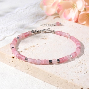 Armband med rosa rhodonitpärlor, helande armband med rosenkvartskristaller, 4 mm fint lager-armband, smycken med naturliga ädelstenar, present till henne