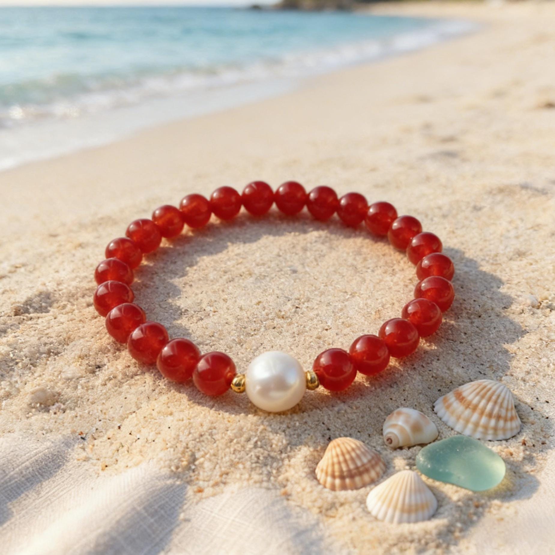 Elegant Red Leather Bracelet with Pearl Accent Mother of Pearl Hoop & Carnelian Bead Bracelet: Brown  main image 4