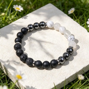 Black Onyx Hematite Bracelet, Lava Rock Howlite Balancing Energy Healing Bracelet, Gemstone Jewelry, Spiritual Protection Gift