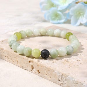 Serpentine Jade Beaded Bracelet, Lava Stone Diffuser Bracelet, Adjustable Crystal Stretch Bracelet, Natural Gemstone Jewelry, Unisex Gift