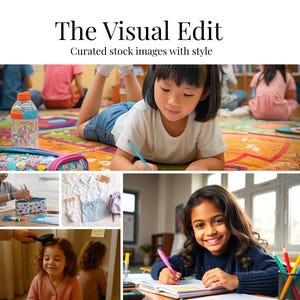May include: A collage of lifestyle stock photos. The top image shows a young girl writing with a pencil. Other images include a child writing, clothing, and a girl smiling while writing. Text reads "The Visual Edit" and "Wellness Stock Photo Bundle - 20 Images."