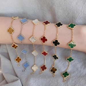 Four Leaf Clover Bracelet Gold, 5 Motif Lucky Clover Charm Bracelet Women, Carnelian Onyx Mother of Pearl, Elegant Bracelet Gift Her