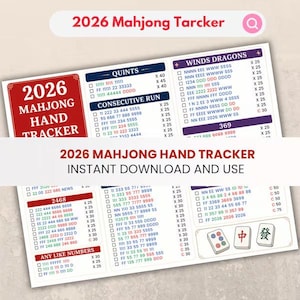 May include: A 2026 Mahjong Hand Tracker score sheet featuring columns for Quints, Consecutive Run, Winds Dragons, 369, 2468, and Any Like Numbers. The document includes checkboxes, point values, and illustrations of three Mahjong tiles.