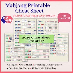 Op de afbeelding: Een afdrukbare Mahjong-cheat sheet met traditionele tegels en kleuren. Het ontwerp bevat de tekst "Mahjong Printable Cheat Sheet" en "2026 Cheat Sheet Pre-order". De afbeelding bevat ook de tekst "Free Consulting".