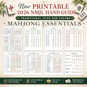 May include: A printable 2026 NMJL hand guide featuring Mahjong essentials, traditional tiles, and colors. The document displays eight pages of official hands, including Bams, Dots, Characters, and optional hands with clear text and tile illustrations.