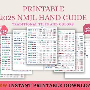 Könnte beinhalten: Eine Sammlung druckbarer 2025 NMJL Hand Guides mit traditionellen Kacheln und Farben. Die Guides werden auf weißem Papier mit Text in verschiedenen Farben wie Rot, Grün und Schwarz dargestellt. Das Bild enthält den Text "NEW 2025" und "INSTANT DOWNLOAD".