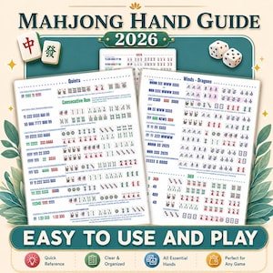 Op de afbeelding: Een Mahjong Hand Guide 2026 referentiekaart bestaande uit twee witte vellen met gedrukte spelregels, handcombinaties en reeksen. De gids bevat illustraties van Mahjong-stenen, dobbelstenen en de tekst Mahjong Hand Guide 2026.