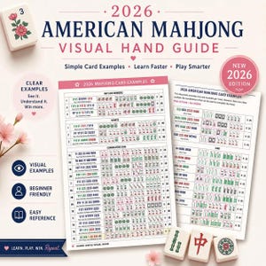 May include: A 2026 American Mahjong visual hand guide featuring two white sheets with printed card examples, categories like Any Like Numbers, Quints, and Consecutive Runs, plus scattered Mahjong tiles with floral and character designs.