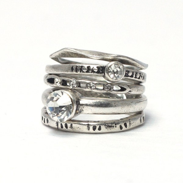 Rustic silver stacking rings-set of 5 / sz7