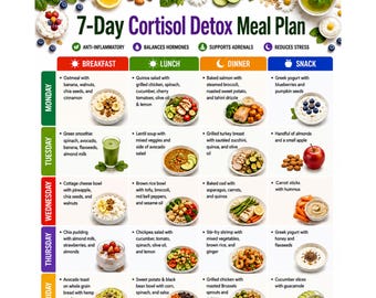 May include: A 7-Day Cortisol Detox Meal Plan chart featuring a grid layout with daily breakfast, lunch, dinner, and snack options. The document includes text headers, food illustrations, and icons for anti-inflammatory, hormone balancing, and stress reduction.