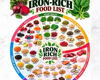 May include: A circular infographic titled IRON-RICH FOOD LIST, divided into colour-coded sections for vegetables, seeds and nuts, animal-based sources, grains and fortified foods, pulses and legumes, and fruits, featuring illustrations of various foods.